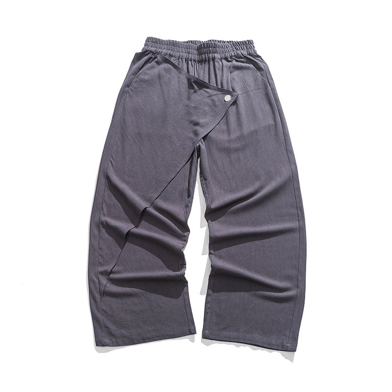 Gray wide-leg cotton-linen trousers with elastic waist and diagonal wrap panel