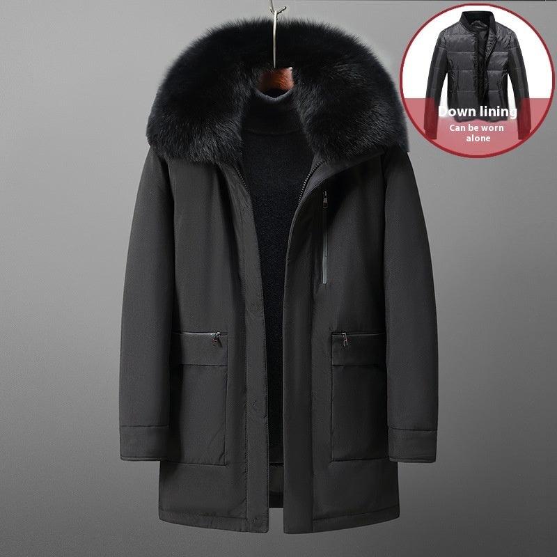 Men's black down jacket with faux fur hood, zip front, and two front pockets