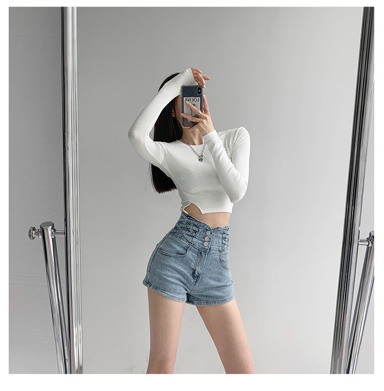 Waist Tummy Denim Shorts Women - WOMONA.COM