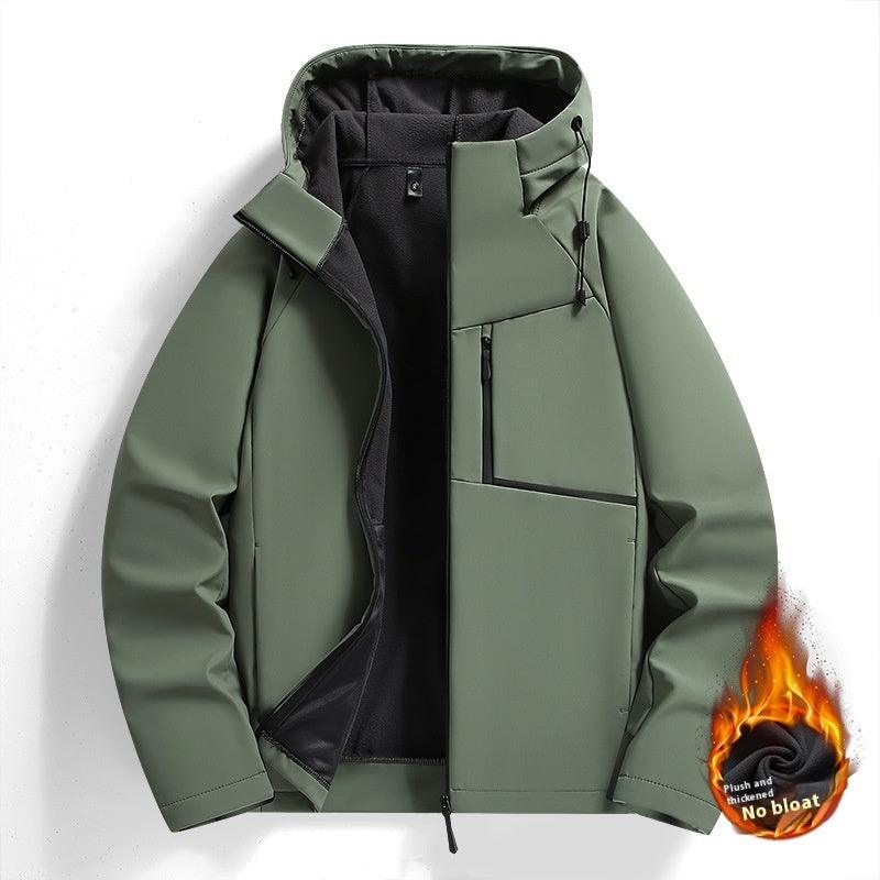 Men's warm fleece-lined jacket in olive green, zip front, adjustable drawstring hood