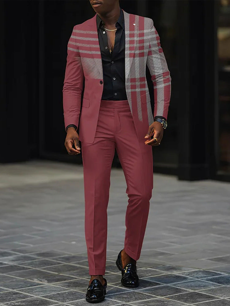 Slim-fit mens two-piece suit: burgundy check-paneled jacket, matching burgundy pants