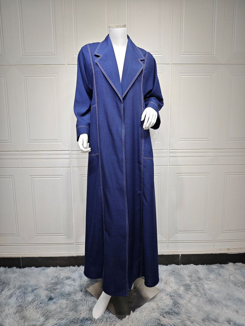 Contrast Color Open Line Denim Long Trench Coat - WOMONA.COM