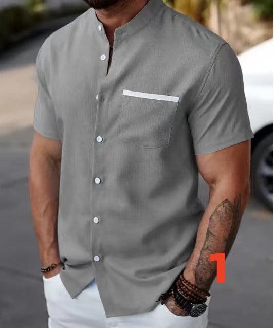Men's short-sleeve button-up shirt, dark gray with chest pocket and open collar
