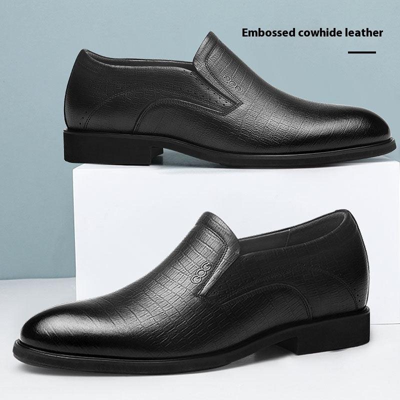 Black embossed leather slip-on dress shoe with low block heel