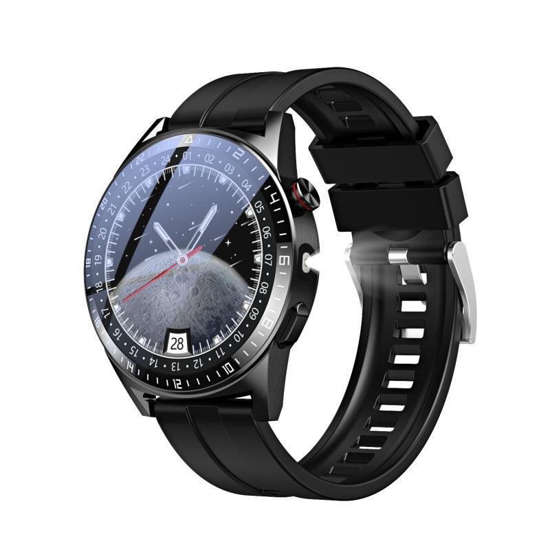 Black smartwatch with black rubber strap and round touchscreen face