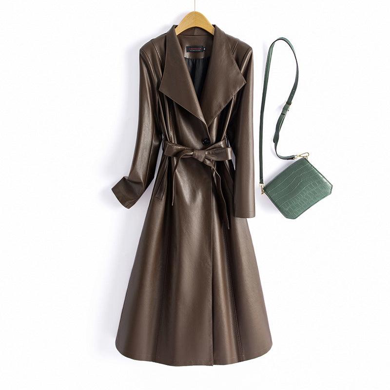 Women's long leather windbreaker coat, dark brown, notched lapel, tied waist belt