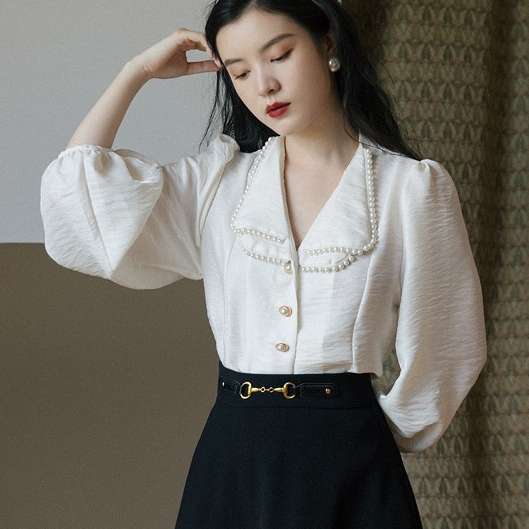 Fashion Pearl Collar Top Retro Skirt Two-piece Suit - WOMONA.COM