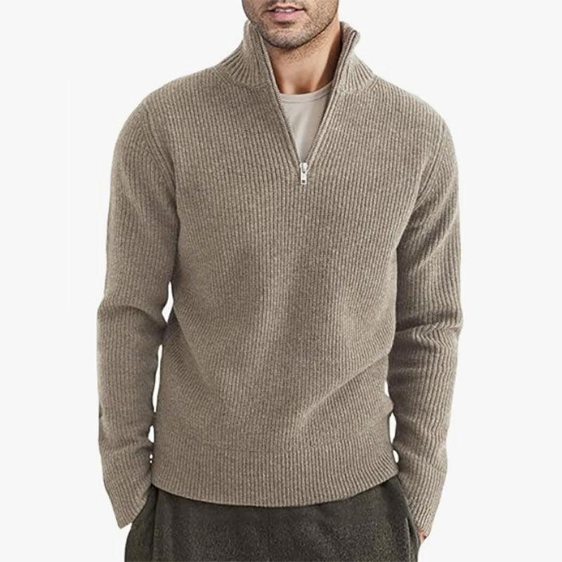 Beige half-zip knit sweater with stand collar and long sleeves