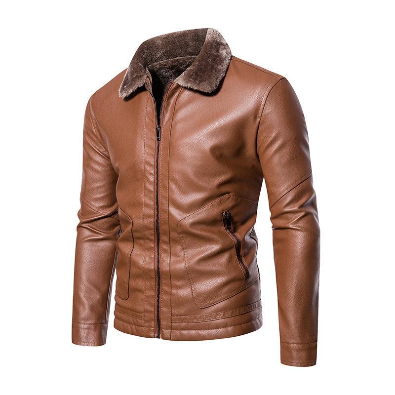 Brown leather zip-up jacket with shearling-trim collar and chest pocket