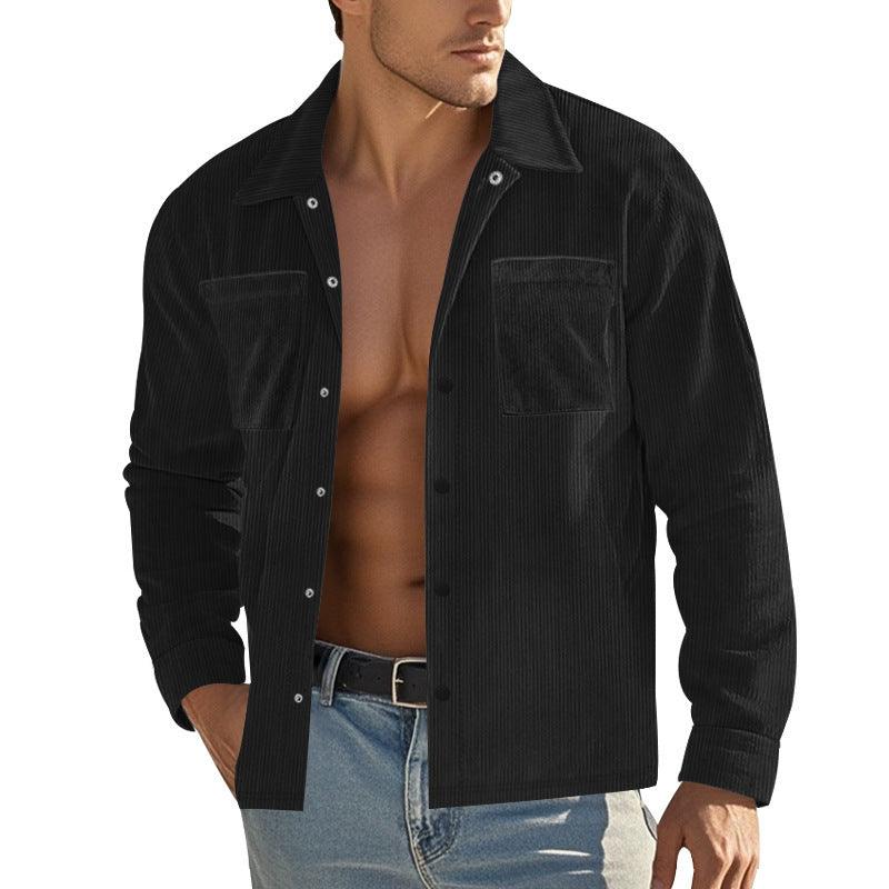 Black heavy corduroy long-sleeve button-up shirt with point collar and chest pockets.