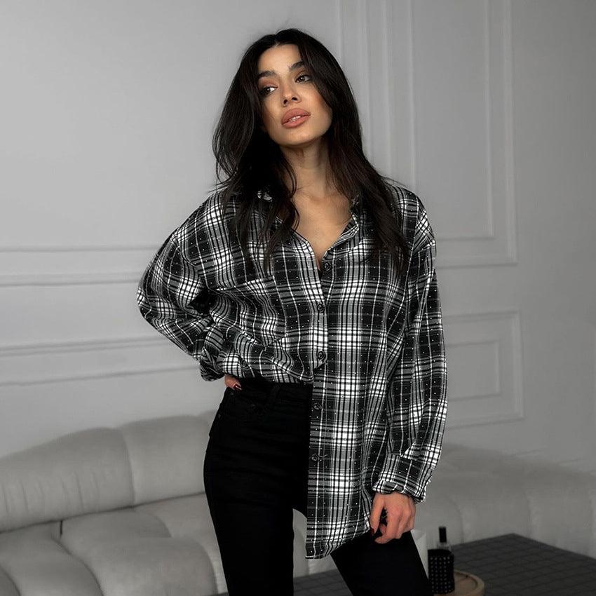 Fashion Stick-on Crystals Loose Plaid Shirt - WOMONA.COM