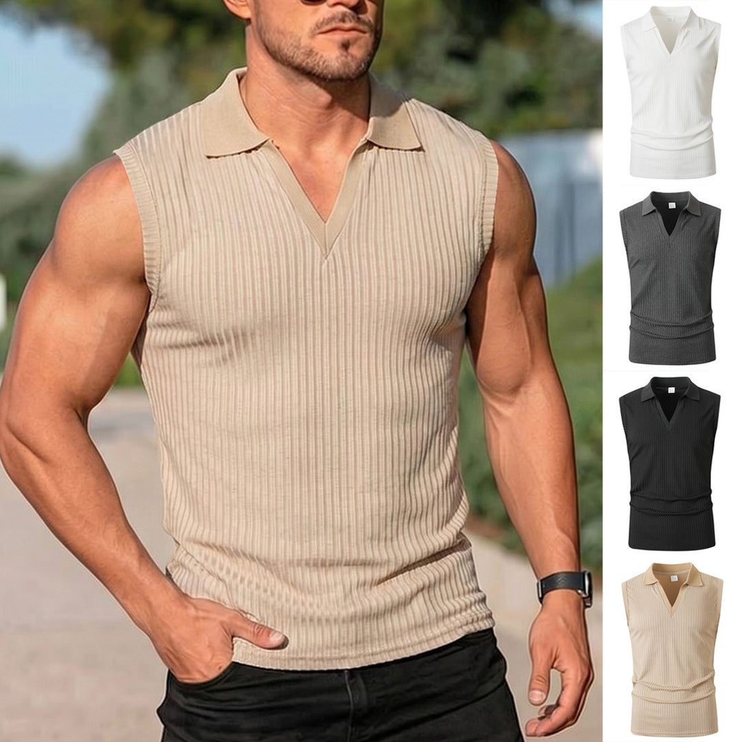 Men's polo-collar sleeveless vest, beige with vertical ribbed stripes