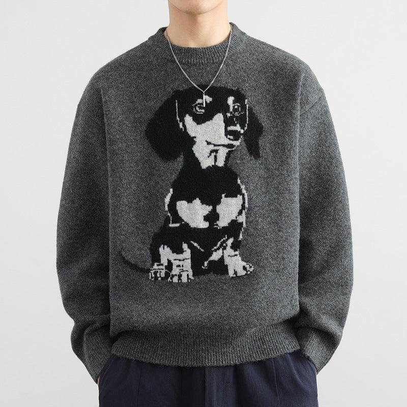Men's dark gray sweater with a large black-and-white dog portrait, crewneck fit