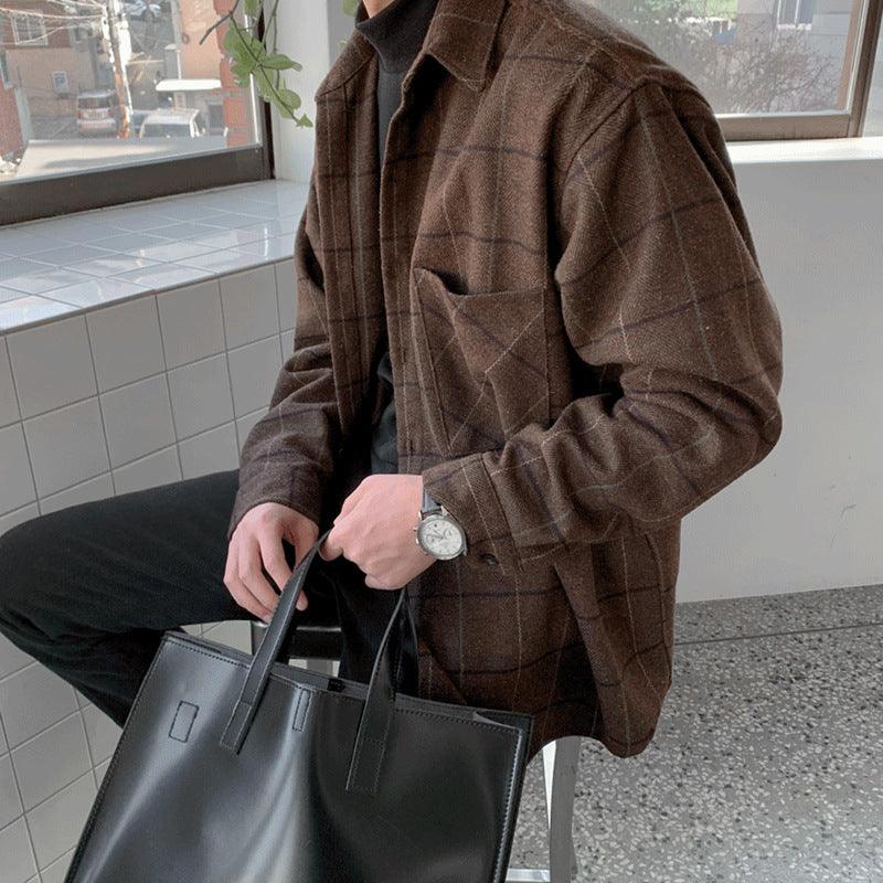 Men's loose plaid wool shirt with chest pocket, button front, dark brown check