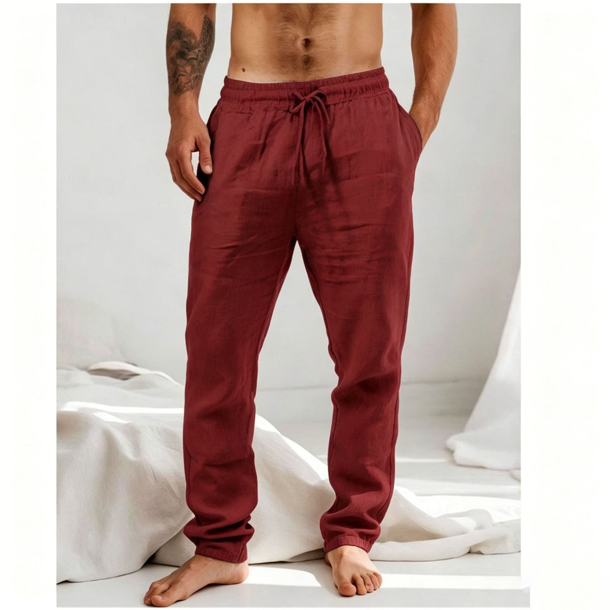 Men's loose straight-leg trousers, brick red, elastic waistband with drawstring