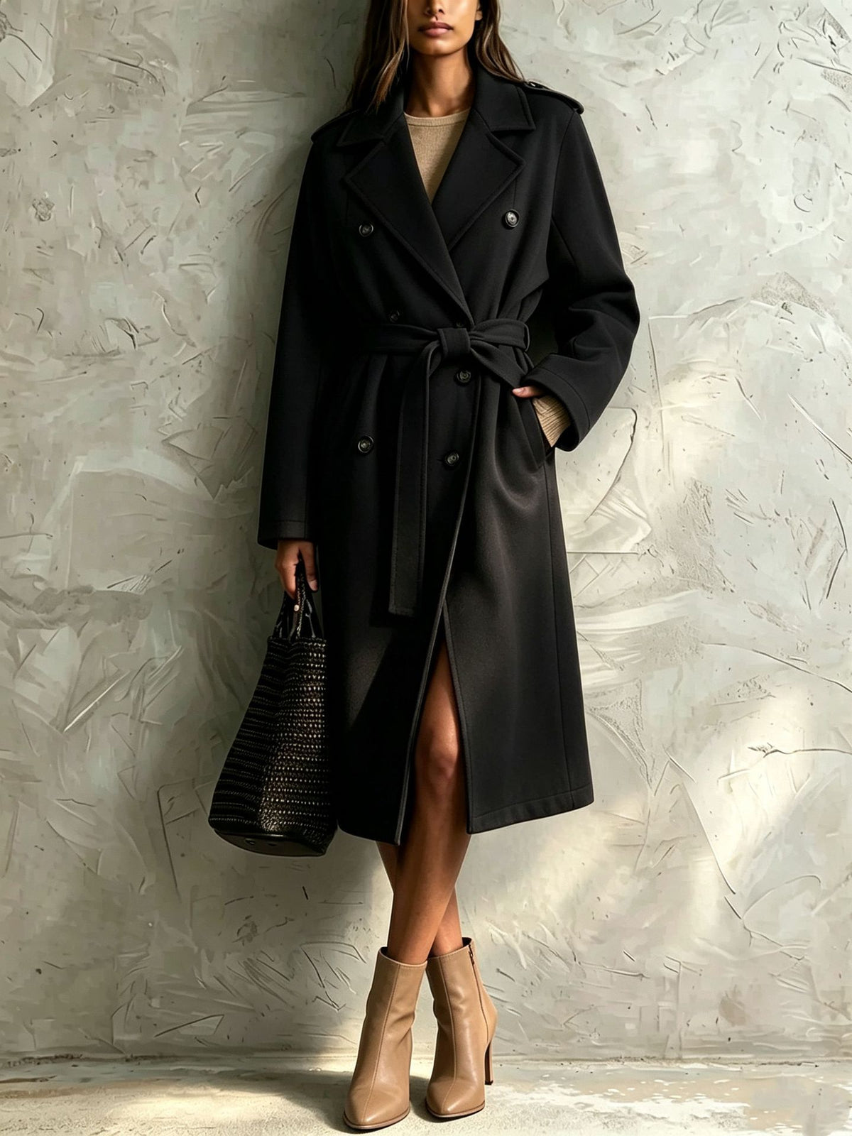 Black mid-length wool coat with double-breasted buttons and tied waist belt