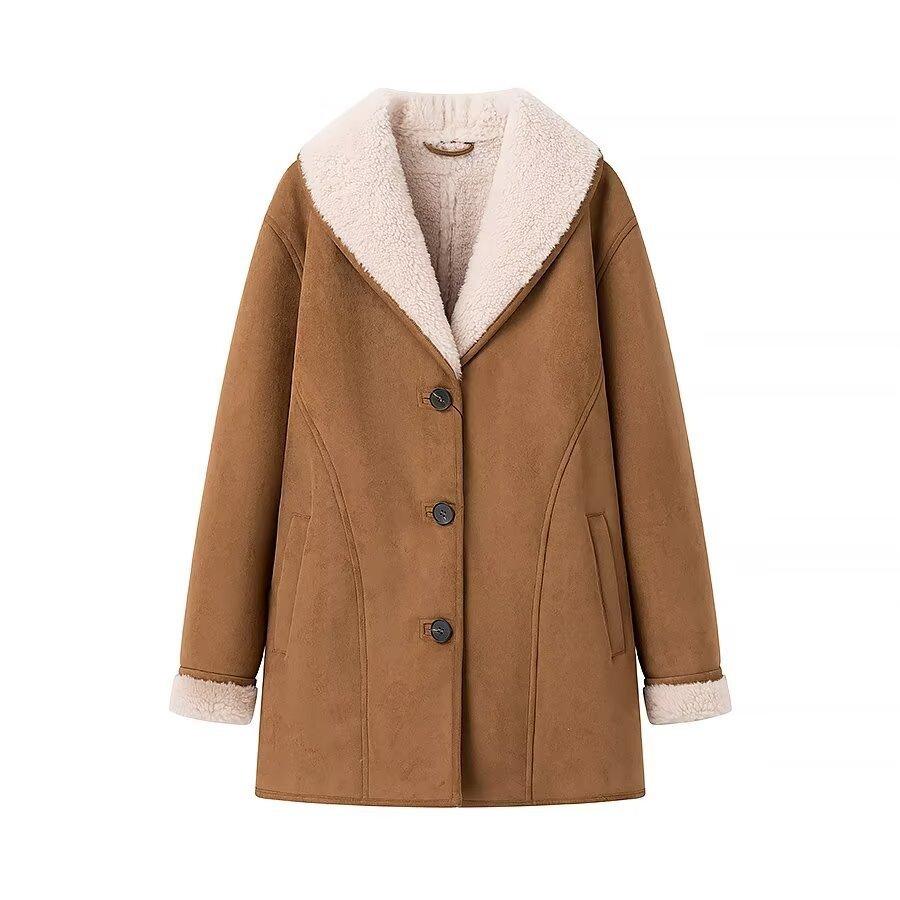 Women’s light brown sherpa-lined overcoat front view with button closure