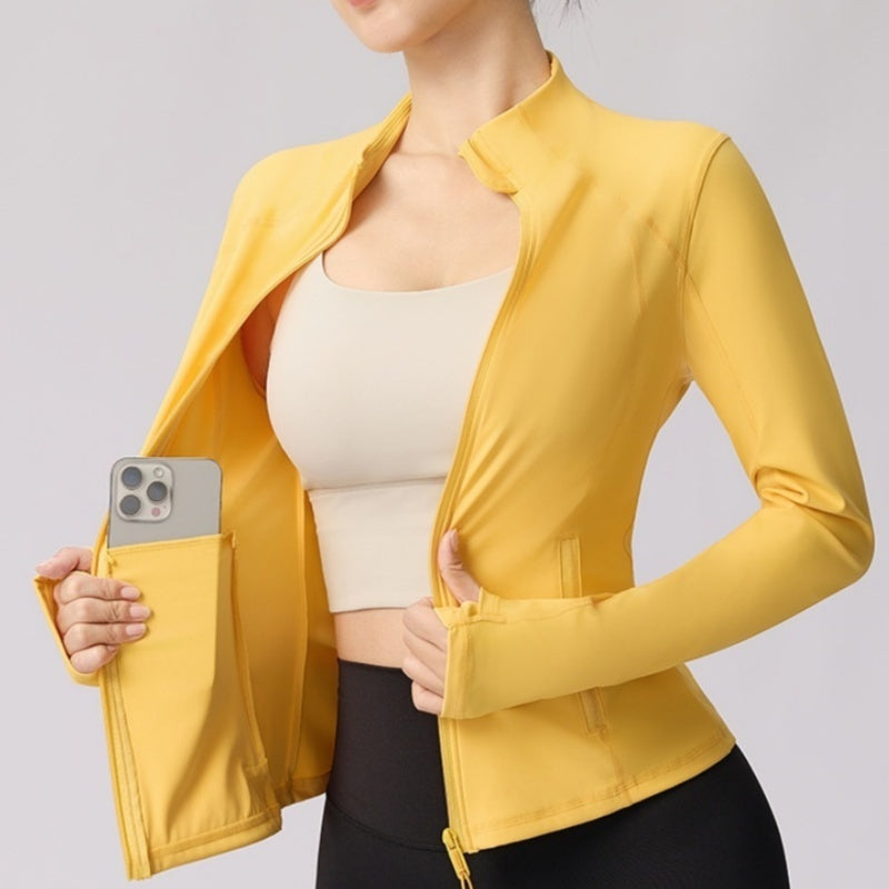Turmeric yellow long-sleeve fitness top jacket with full front zipper and high collar