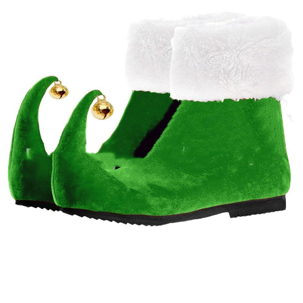 Green plush ankle boots with white fur cuff and gold bell accents, dark rubber sole