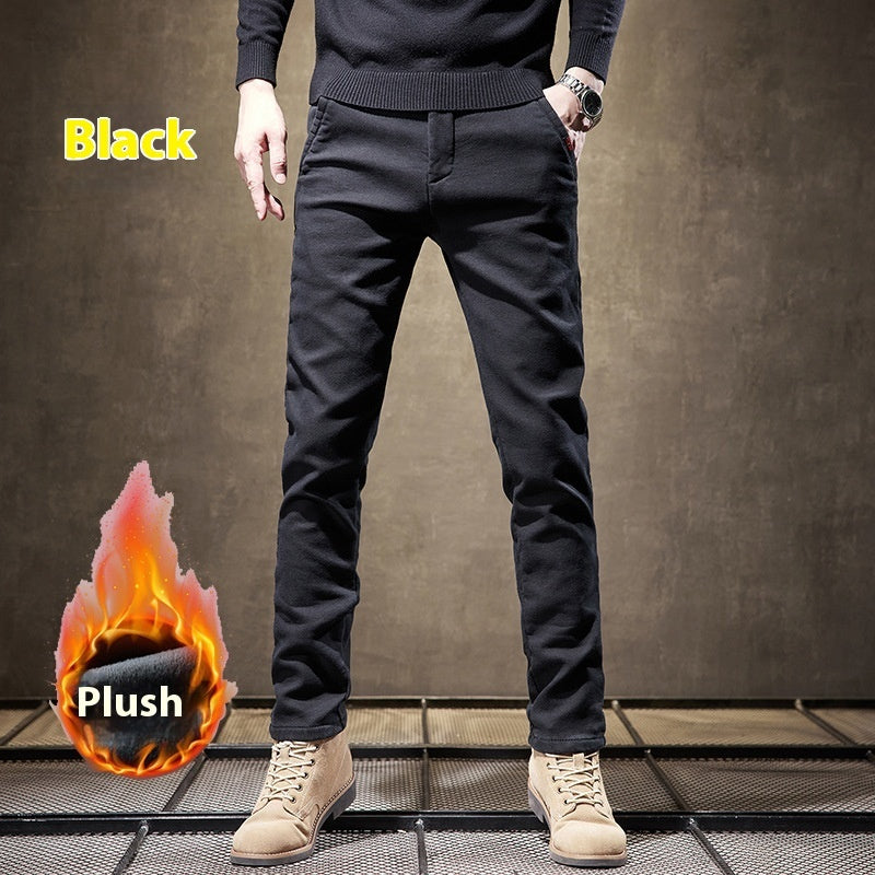 Men's slim-fit straight business trousers in dark black, thick fabric look and cuffed hem