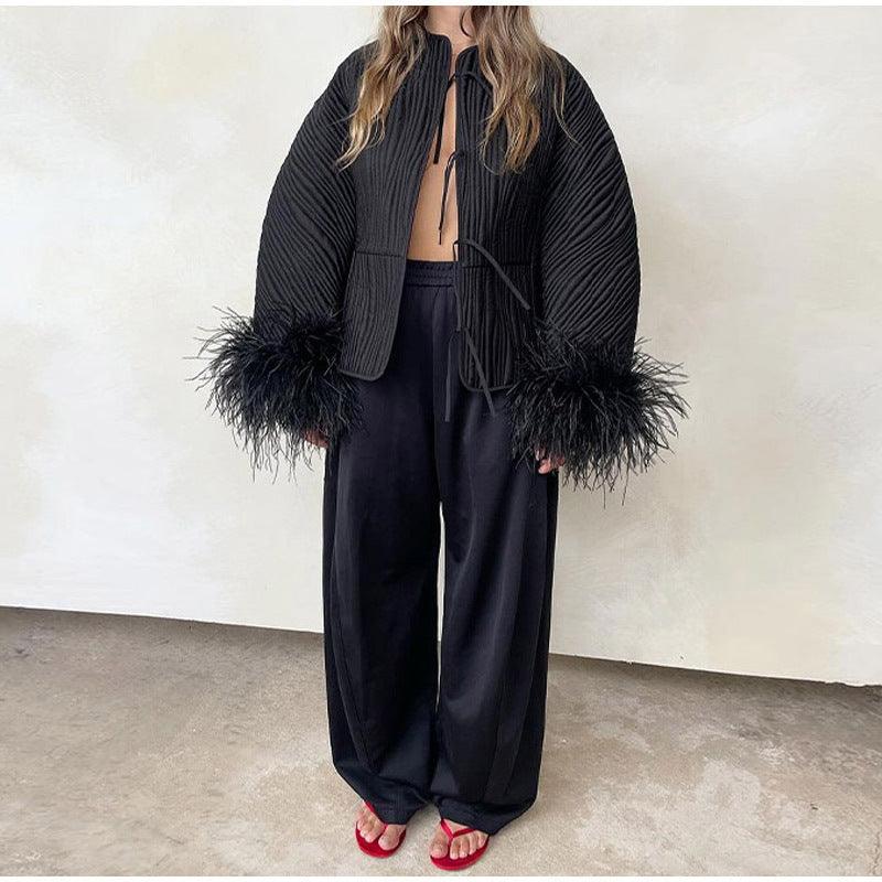 Pure Color Tied Feather Jacket Coat