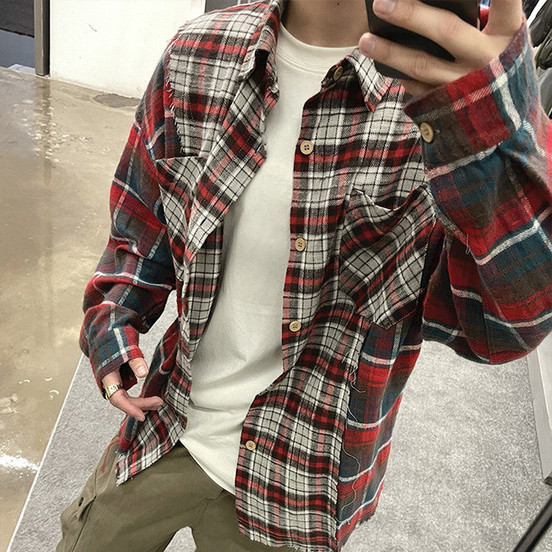 Patchwork Red Plaid Shirts For Men And Women - WOMONA.COM