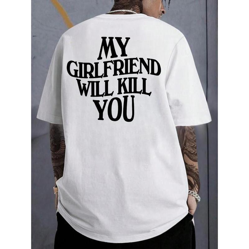 White European-size T-shirt with large back text graphic, short sleeves