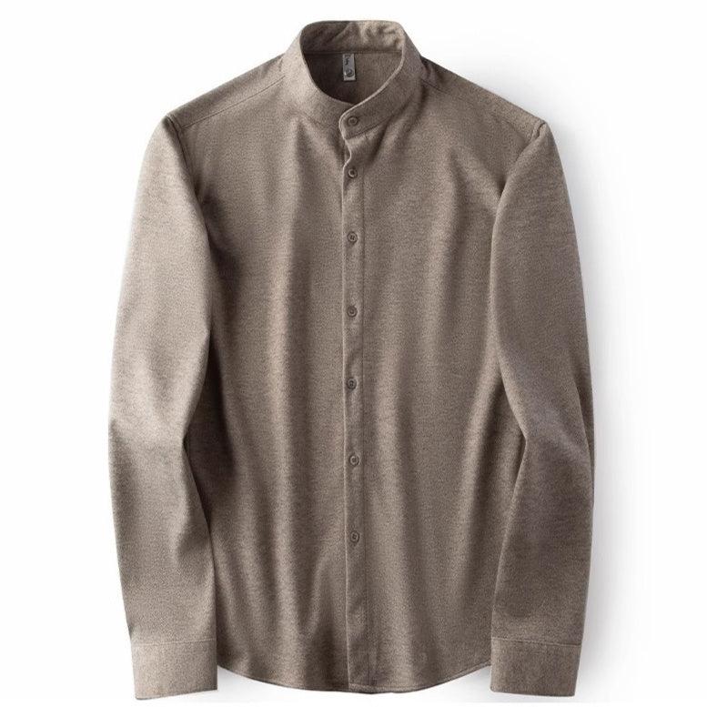Men's slim winter padded jacket in taupe-brown with button front and stand collar