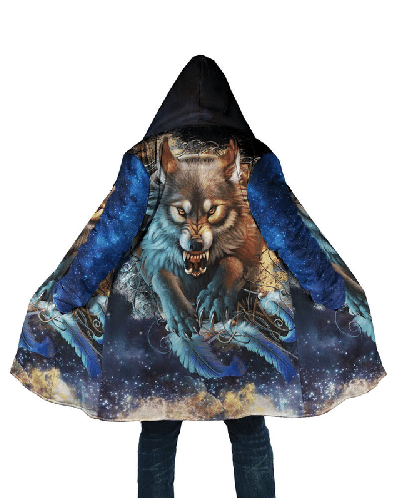 Digital Printing Stand Collar Zipper Hooded Cloak - WOMONA.COM