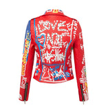 Lapel Slim Motorcycle Long Sleeve Graffiti Belt Red Leather Women