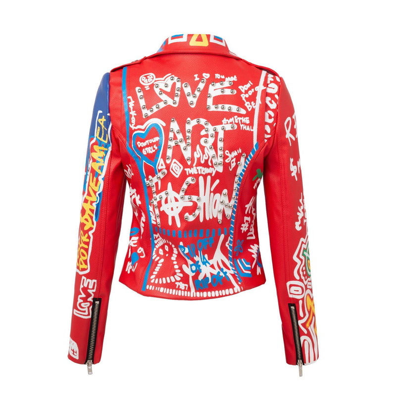 Long Sleeve Graffiti Belt Red Leather Women - WOMONA.COM