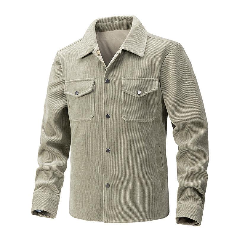 Light beige corduroy men's jacket with button front and two flap chest pockets