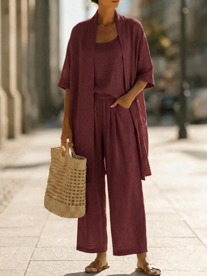 Women's cardigan tank and straight-leg pants set