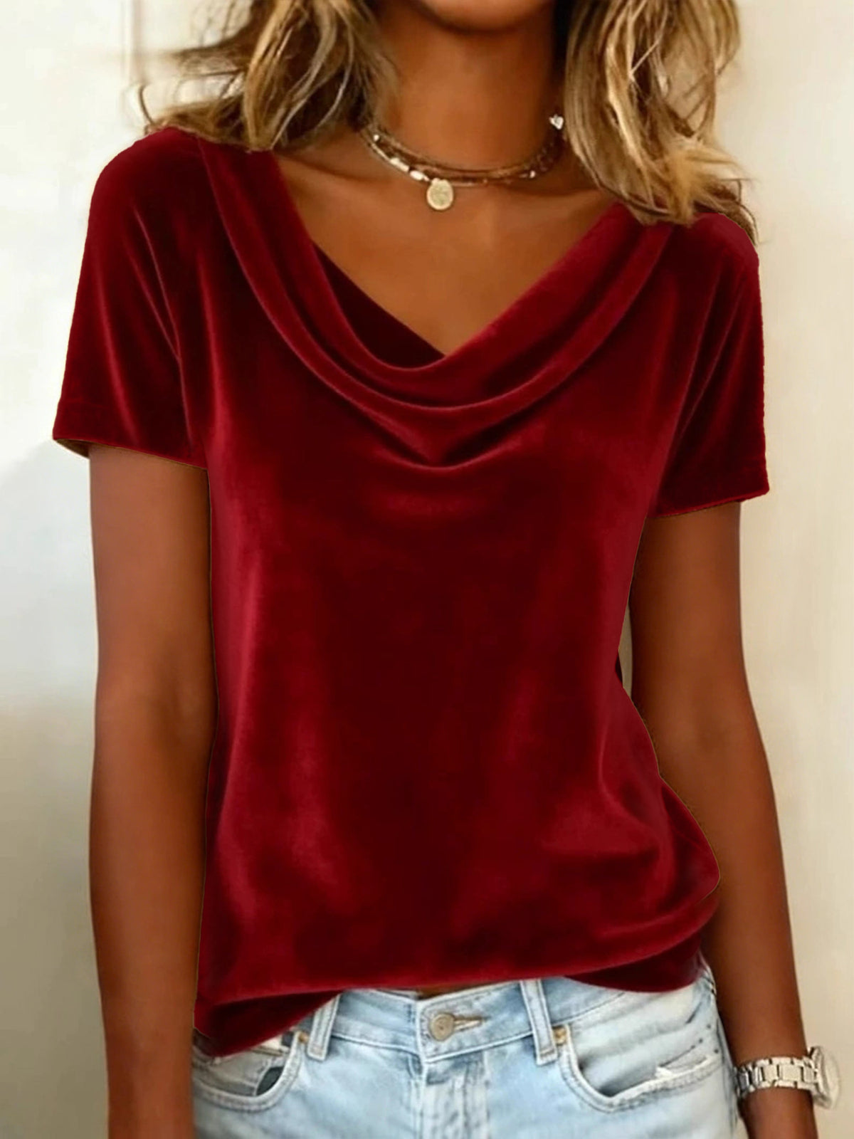 Velvet scoop-neck short-sleeve T-shirt in deep red, relaxed drape around neckline