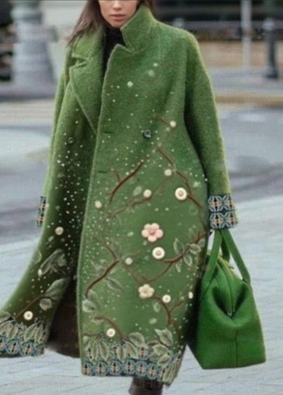Women’s long-sleeve wool overcoat, green with floral branch embroidery and button closure