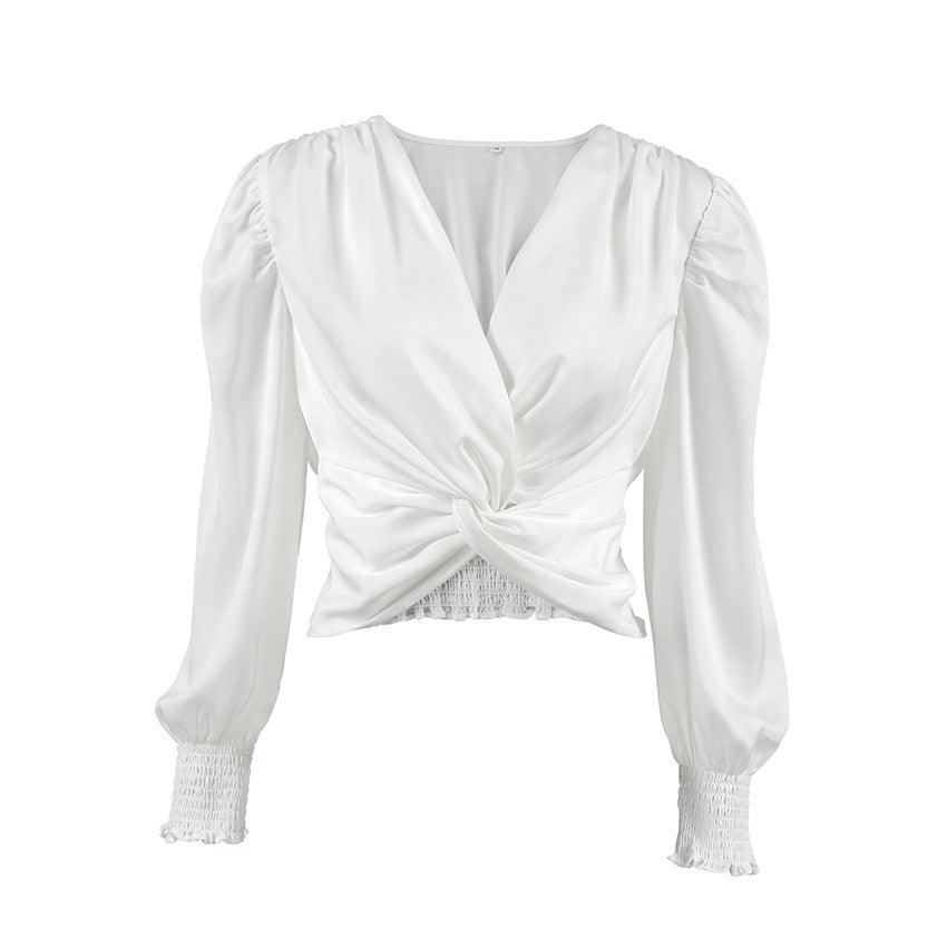 White Satin Top Short Design Twist V-neck Pullover Shirt - WOMONA.COM