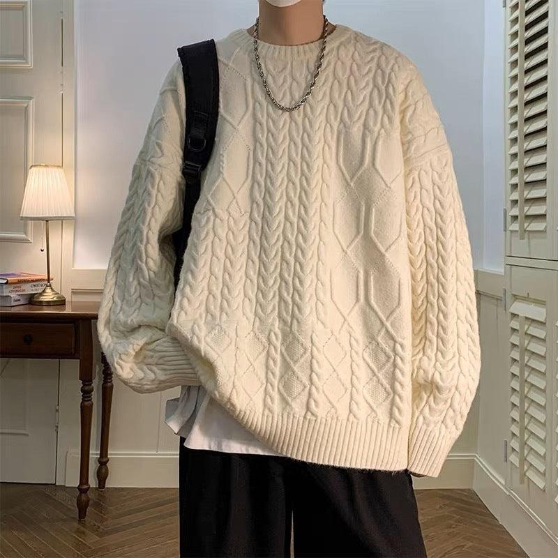 Men's cable knit cotton sweater, loose crewneck, long sleeves, off-white