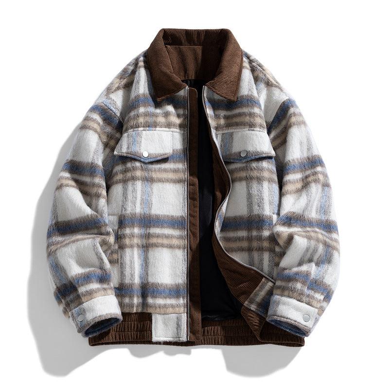 Women’s plaid wool coat with cotton padding, brown collar, zip front, buttoned pockets