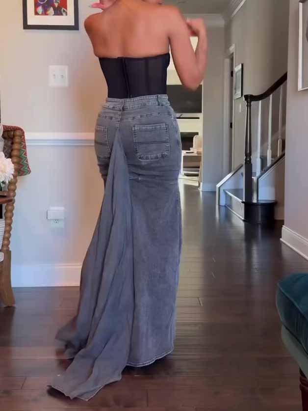 Blue Denim Pleated Maxi Skirt – product image 1