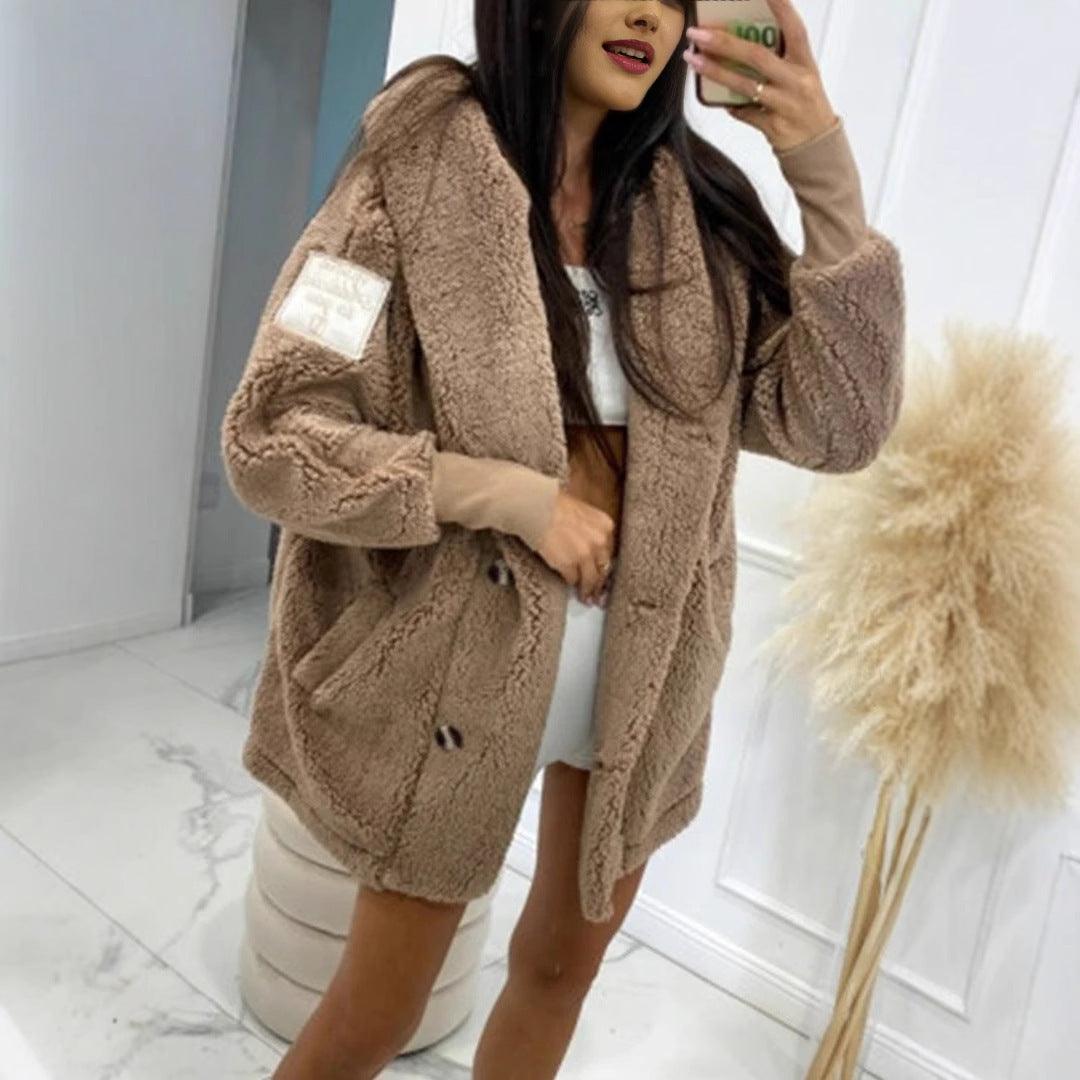 Women’s plush hooded coat in brown/taupe with drop shoulders and button front
