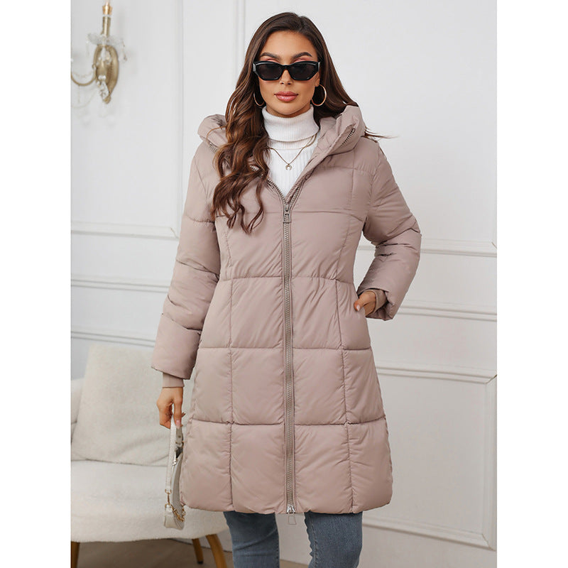 Women's hooded cotton-padded jacket, khaki with front zip and quilted puffer