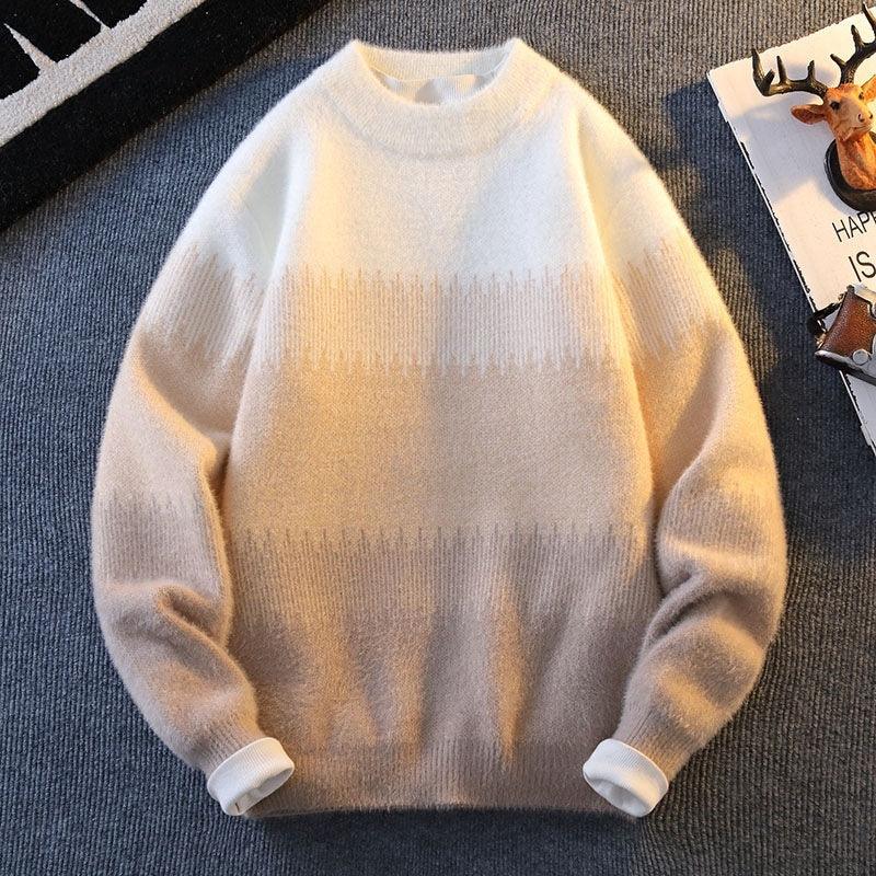 Cream ombre knit pullover with camel-toned lower half, crew neck, ribbed cuffs