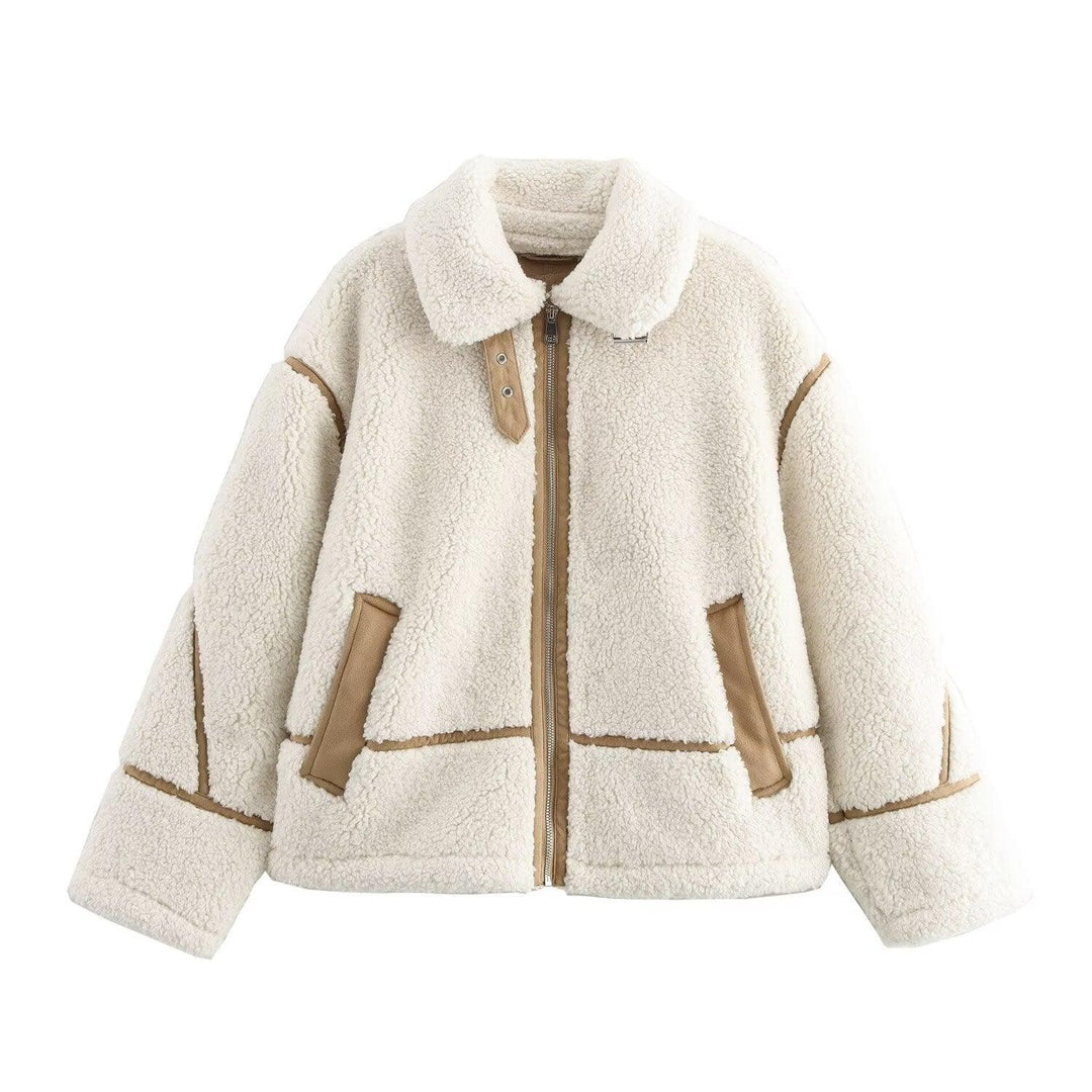 Cream sherpa jacket coat with black-trim zip front, stand collar, and side pockets