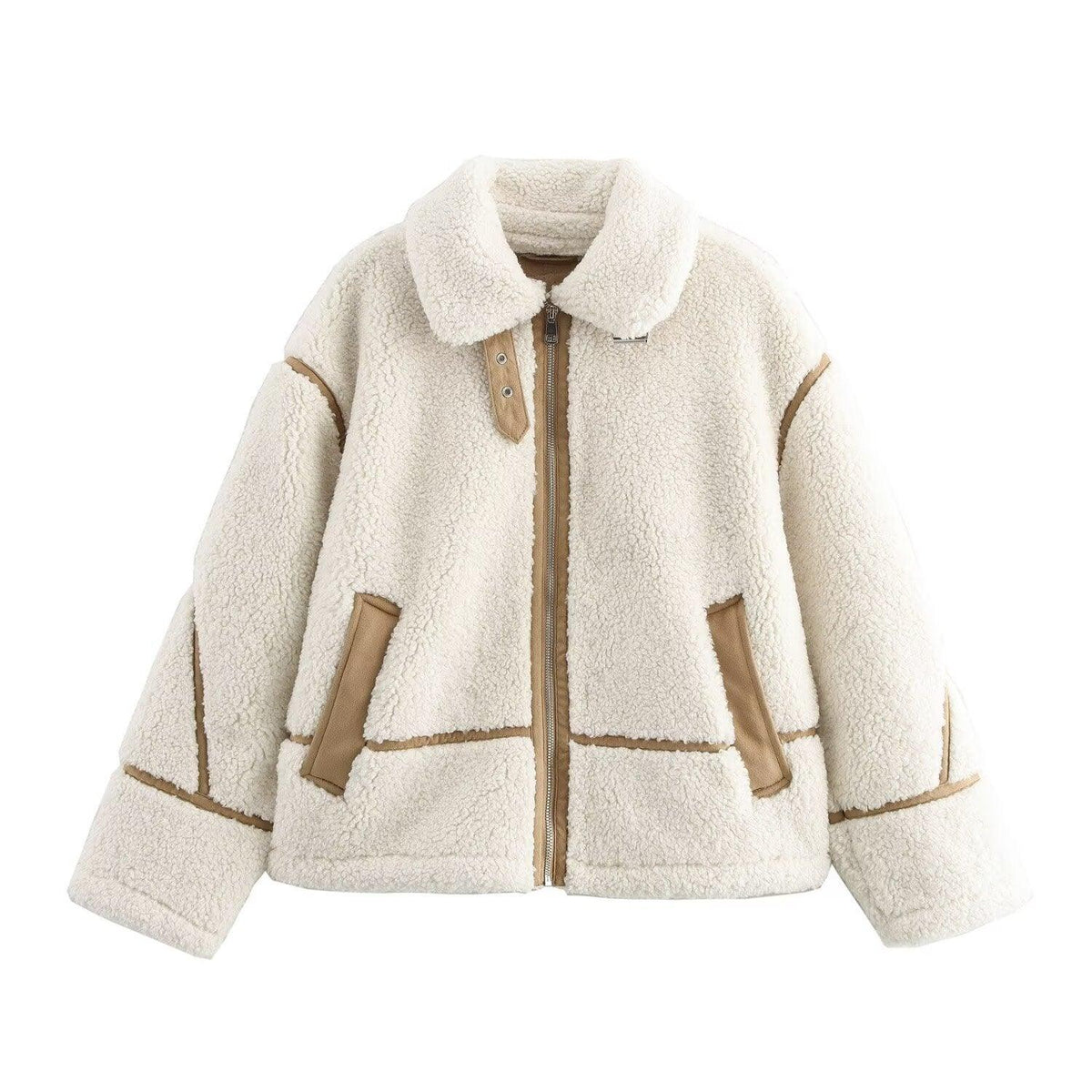 Cream sherpa jacket coat with black-trim zip front, stand collar, and side pockets