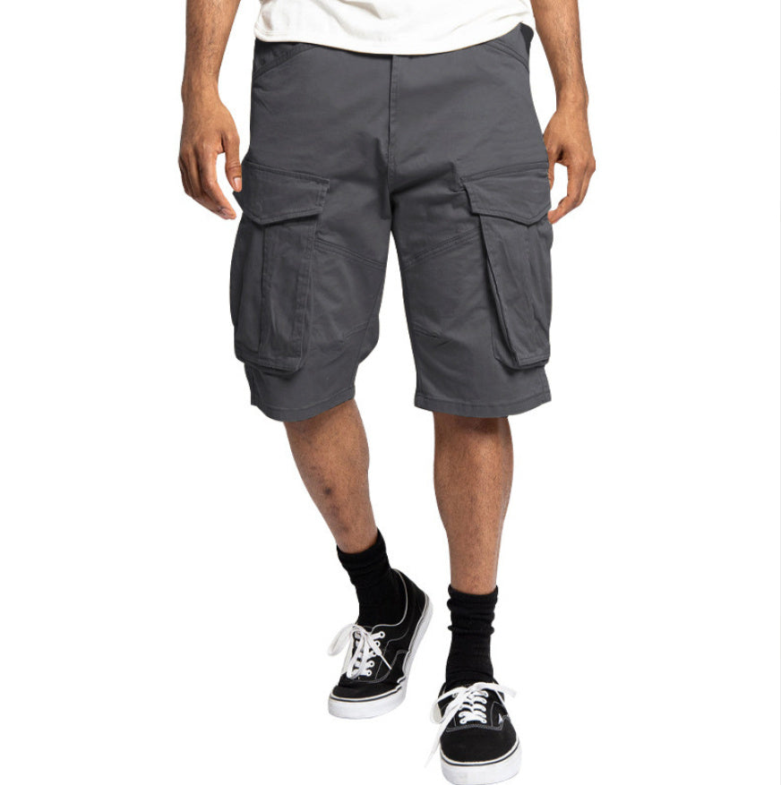Men's dark gray cargo shorts with two flap cargo pockets