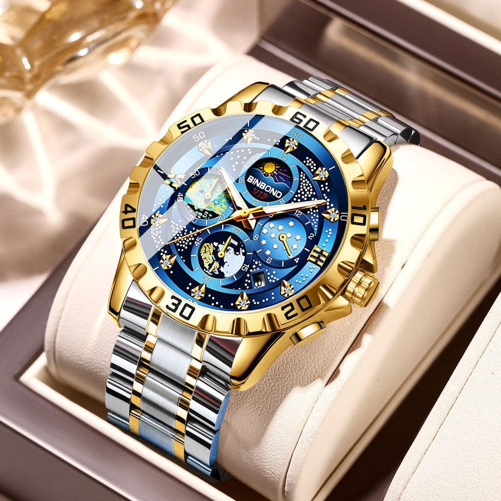 Two-tone quartz business watch with blue multi-dial face, gold bezel, metal link bracelet.