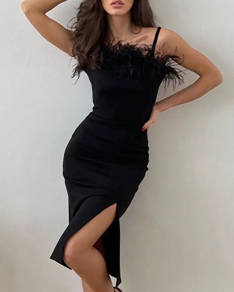 Sling Feather Trim High Slit Party Slim Fit Dress - WOMONA.COM