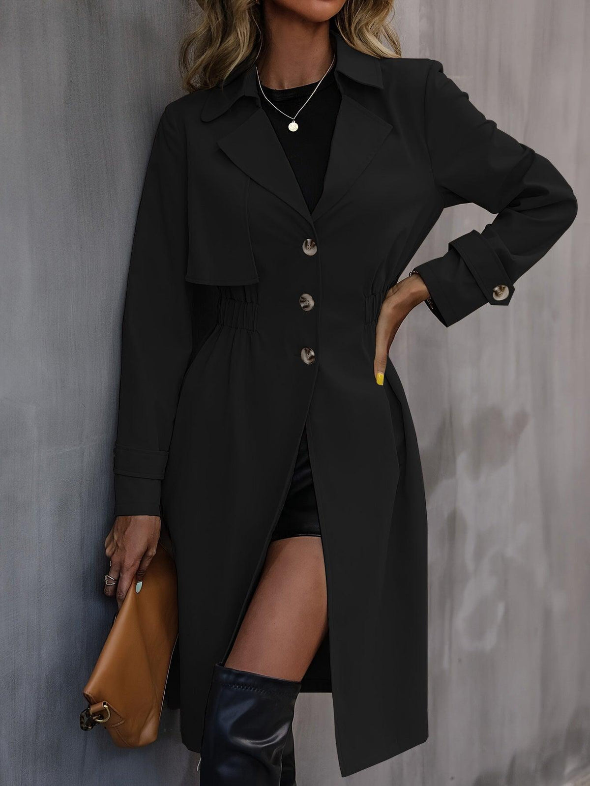 Black cotton fashion jacket with notch lapels, button-front, long sleeves, waist gathers