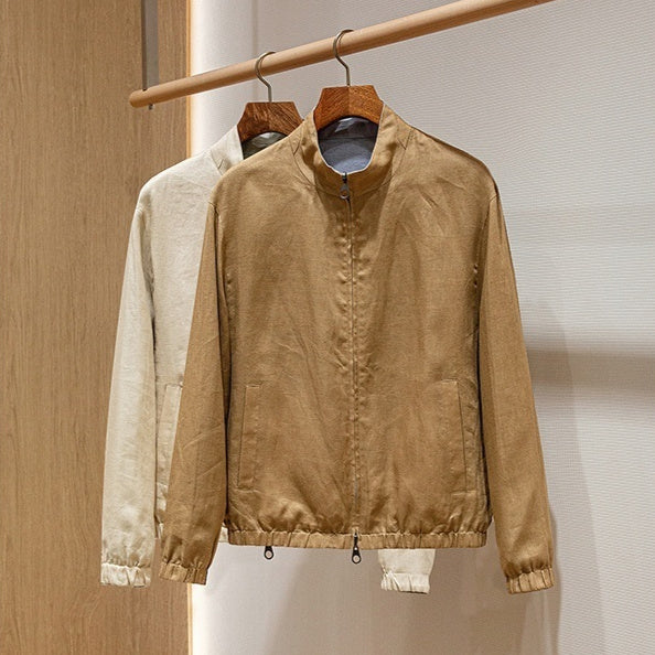 Men's stand-neck double-faced jacket, tan full-zip with ribbed cuffs and stand collar.