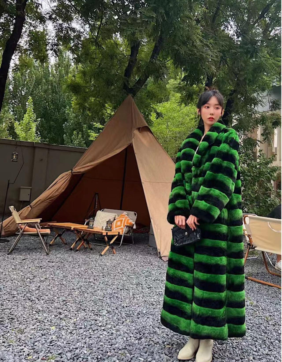 Green striped fur long coat with standing collar, button front, full-length